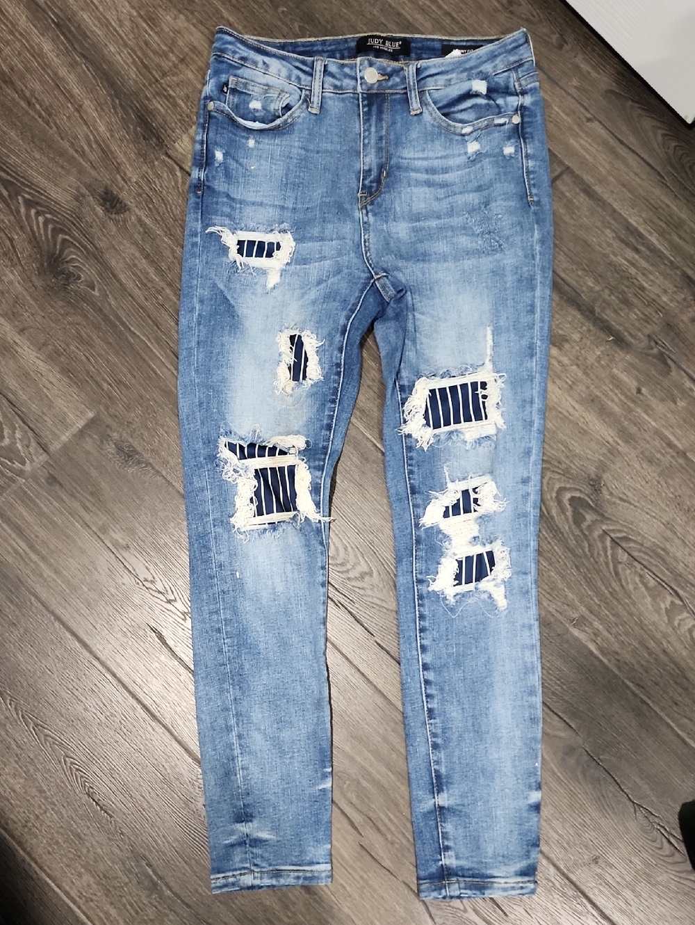 Judy Blue Light Blue Striped Patch Skinny Jeans